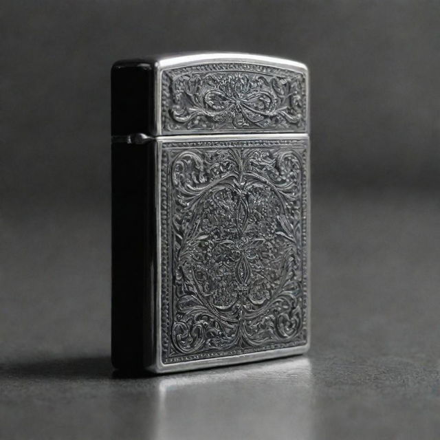 A vintage Zippo lighter in a black and white photography, highlighting its intricate design and distinguished craftsmanship.