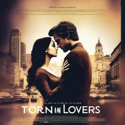 A compelling digital art movie poster for 'Torn Lovers', a modern take on Romeo and Juliet