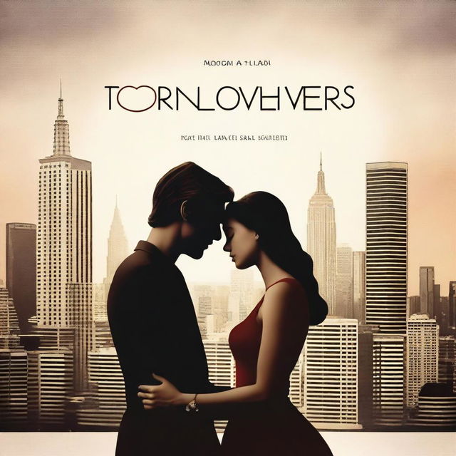 A compelling digital art movie poster for 'Torn Lovers', a modern take on Romeo and Juliet