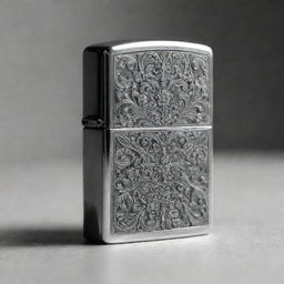 A vintage Zippo lighter in a black and white photography, highlighting its intricate design and distinguished craftsmanship.