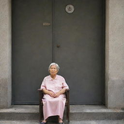 A weathered, dignified elderly woman patiently waiting outside an imposing government office. The office exterior is well-maintained, stark in contrast with the embossed signs pointing towards different departments.