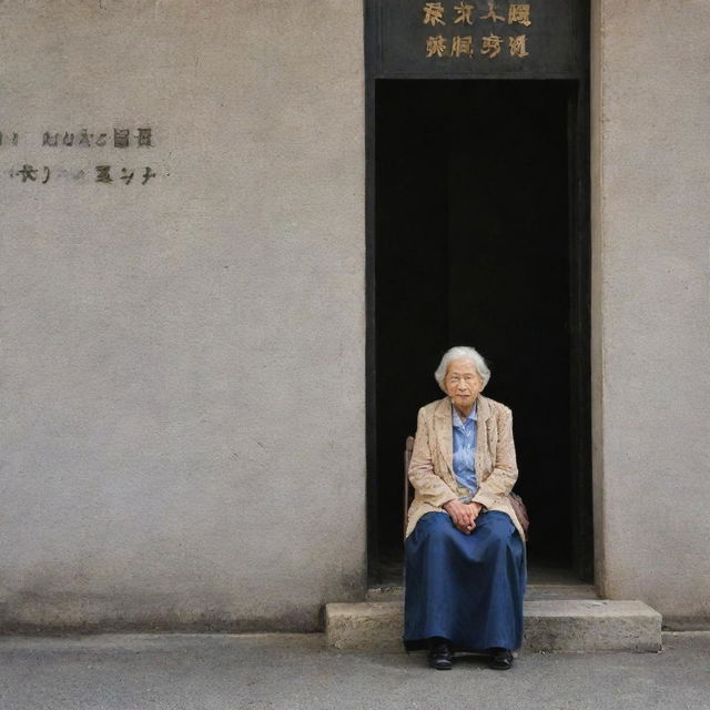 A weathered, dignified elderly woman patiently waiting outside an imposing government office. The office exterior is well-maintained, stark in contrast with the embossed signs pointing towards different departments.