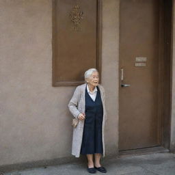 A weathered, dignified elderly woman patiently waiting outside an imposing government office. The office exterior is well-maintained, stark in contrast with the embossed signs pointing towards different departments.