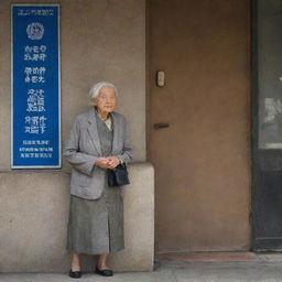 A weathered, dignified elderly woman patiently waiting outside an imposing government office. The office exterior is well-maintained, stark in contrast with the embossed signs pointing towards different departments.