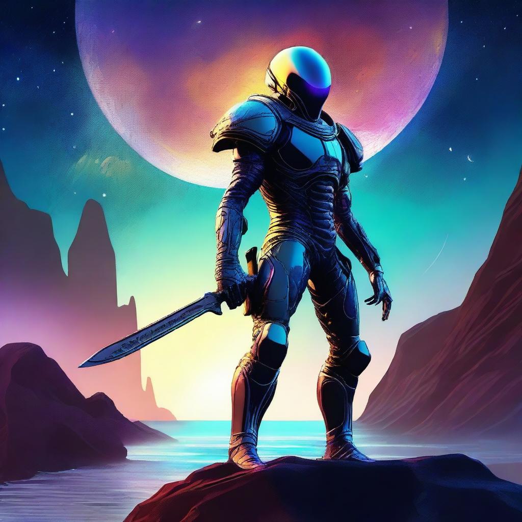 A digital art of a futuristic alien soldier, armed with a spear in one hand and a knife in the other, standing on a distant seaside cliff at dusk