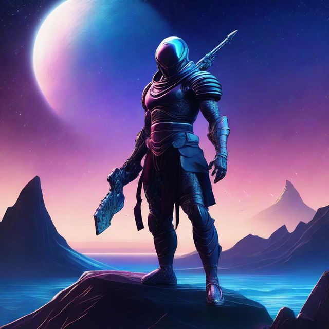 A digital art of a futuristic alien soldier, armed with a spear in one hand and a knife in the other, standing on a distant seaside cliff at dusk