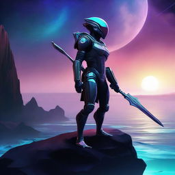 A digital art of a futuristic alien soldier, armed with a spear in one hand and a knife in the other, standing on a distant seaside cliff at dusk