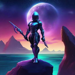 A digital art of a futuristic alien soldier, armed with a spear in one hand and a knife in the other, standing on a distant seaside cliff at dusk