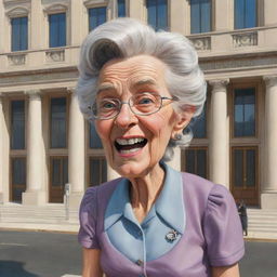 A whimsically exaggerated caricature of an elderly woman, full of character and rich in detail, waiting outside a cartoonish portrayal of a grand government office, which should be extravagant with a comedic tone.