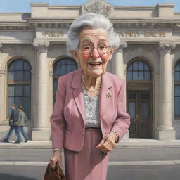 A whimsically exaggerated caricature of an elderly woman, full of character and rich in detail, waiting outside a cartoonish portrayal of a grand government office, which should be extravagant with a comedic tone.