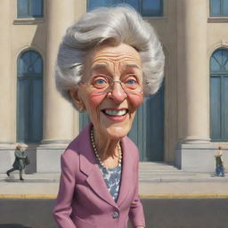 A whimsically exaggerated caricature of an elderly woman, full of character and rich in detail, waiting outside a cartoonish portrayal of a grand government office, which should be extravagant with a comedic tone.