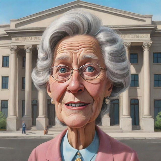 A whimsically exaggerated caricature of an elderly woman, full of character and rich in detail, waiting outside a cartoonish portrayal of a grand government office, which should be extravagant with a comedic tone.