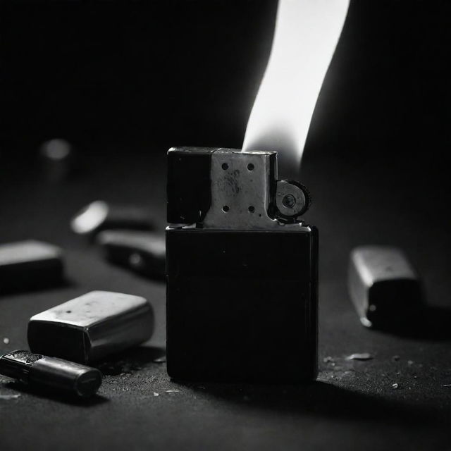 An image of a stylish Zippo lighter messily scattered in darkness, portrayed in a dramatic black and white composition, highlighting disarray and elegance.