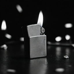 An image of a stylish Zippo lighter messily scattered in darkness, portrayed in a dramatic black and white composition, highlighting disarray and elegance.