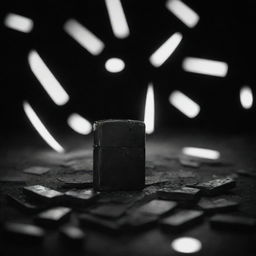 An image of a stylish Zippo lighter messily scattered in darkness, portrayed in a dramatic black and white composition, highlighting disarray and elegance.