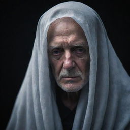 An elderly man enveloped in a mysterious, ethereal shroud, his features subtly highlighted by dim light.