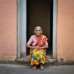 A colorful caricature of an elderly woman expresses her patience outside a representative Sri Lankan government office. The humorous image captures the distinct architectural styles and cultural nuances of Sri Lanka.