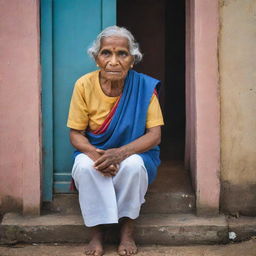 A colorful caricature of an elderly woman expresses her patience outside a representative Sri Lankan government office. The humorous image captures the distinct architectural styles and cultural nuances of Sri Lanka.