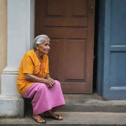 A colorful caricature of an elderly woman expresses her patience outside a representative Sri Lankan government office. The humorous image captures the distinct architectural styles and cultural nuances of Sri Lanka.