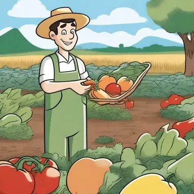 In the cartoon, the character goes into the field to glean vegetables for a hearty meal.