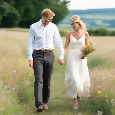 During their romantic stroll, the couple stopped to glean wildflowers from the countryside.
