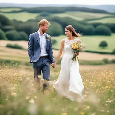 During their romantic stroll, the couple stopped to glean wildflowers from the countryside.