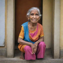 A colorful caricature of an elderly woman expresses her patience outside a representative Sri Lankan government office. The humorous image captures the distinct architectural styles and cultural nuances of Sri Lanka.