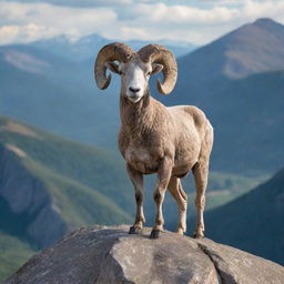 A detailed and majestic ram standing on top of a rocky mountain peak with an expansive, scenic view in the background