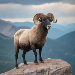 A detailed and majestic ram standing on top of a rocky mountain peak with an expansive, scenic view in the background