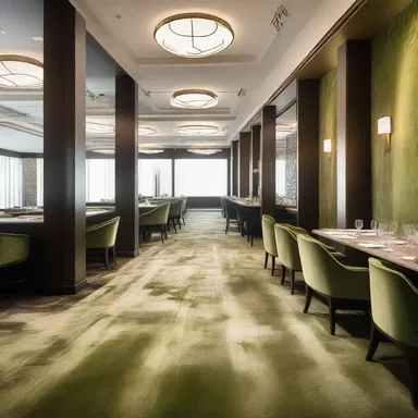 The upscale restaurant featured a lush carpet of velvet bent grass, adding a touch of elegance to the modern and minimalist interior design.