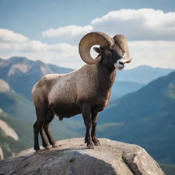 A detailed and majestic ram standing on top of a rocky mountain peak with an expansive, scenic view in the background