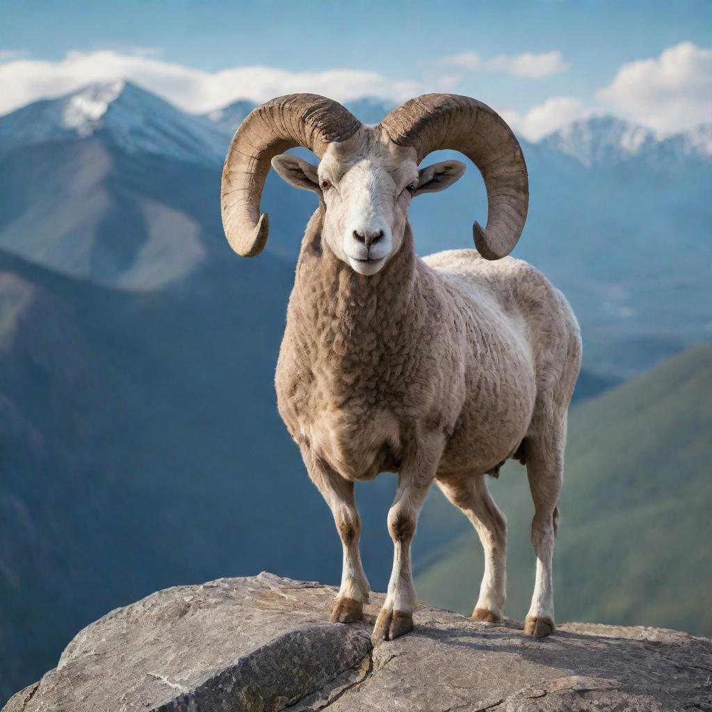 A detailed and majestic ram standing on top of a rocky mountain peak with an expansive, scenic view in the background