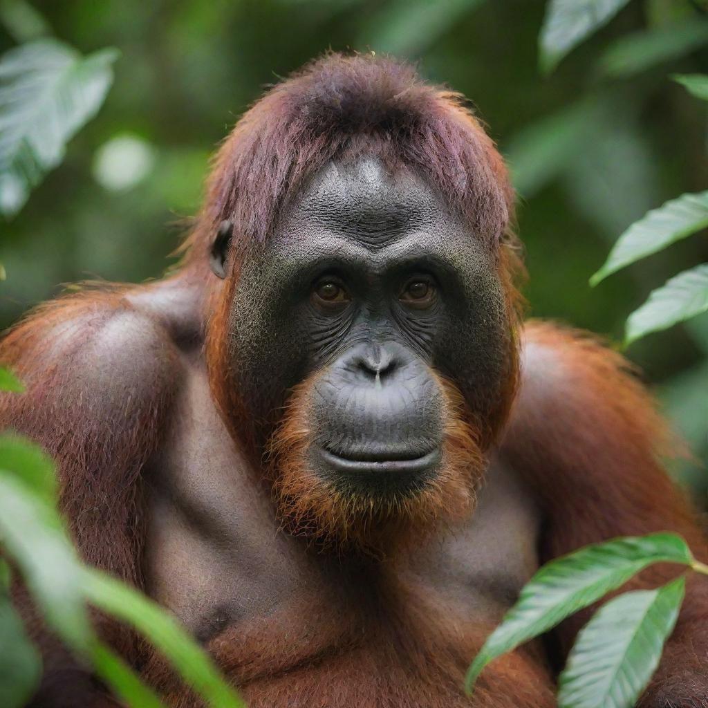 A detailed portrait of an orangutan named Nanda, sitting in its natural habitat, surrounded by lush green foliage.