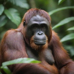 A detailed portrait of an orangutan named Nanda, sitting in its natural habitat, surrounded by lush green foliage.