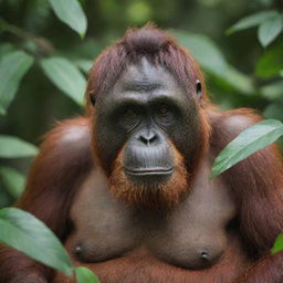 A detailed portrait of an orangutan named Nanda, sitting in its natural habitat, surrounded by lush green foliage.