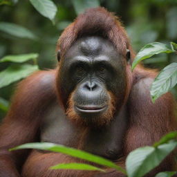 A detailed portrait of an orangutan named Nanda, sitting in its natural habitat, surrounded by lush green foliage.