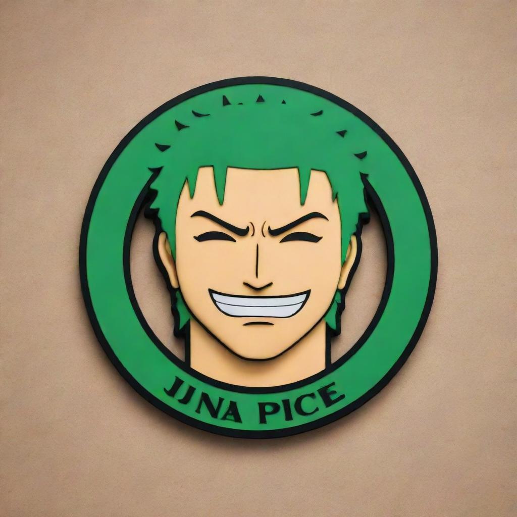 A creative 3D logo featuring anime character Roronoa Zoro from One Piece, with the logo name as 'Juan Piece'.