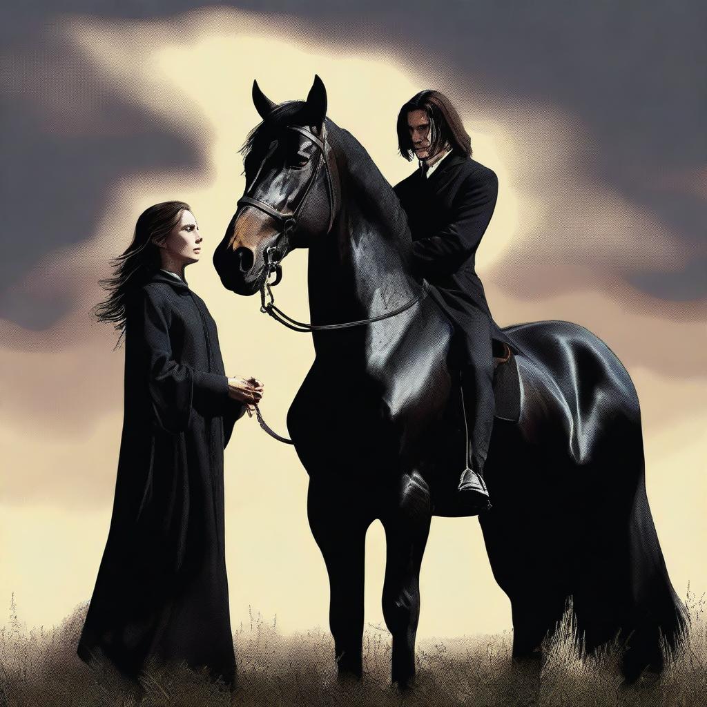 A high-quality digital art featuring Severus Snape and Hermione Granger from the Harry Potter series standing next to a majestic black stallion