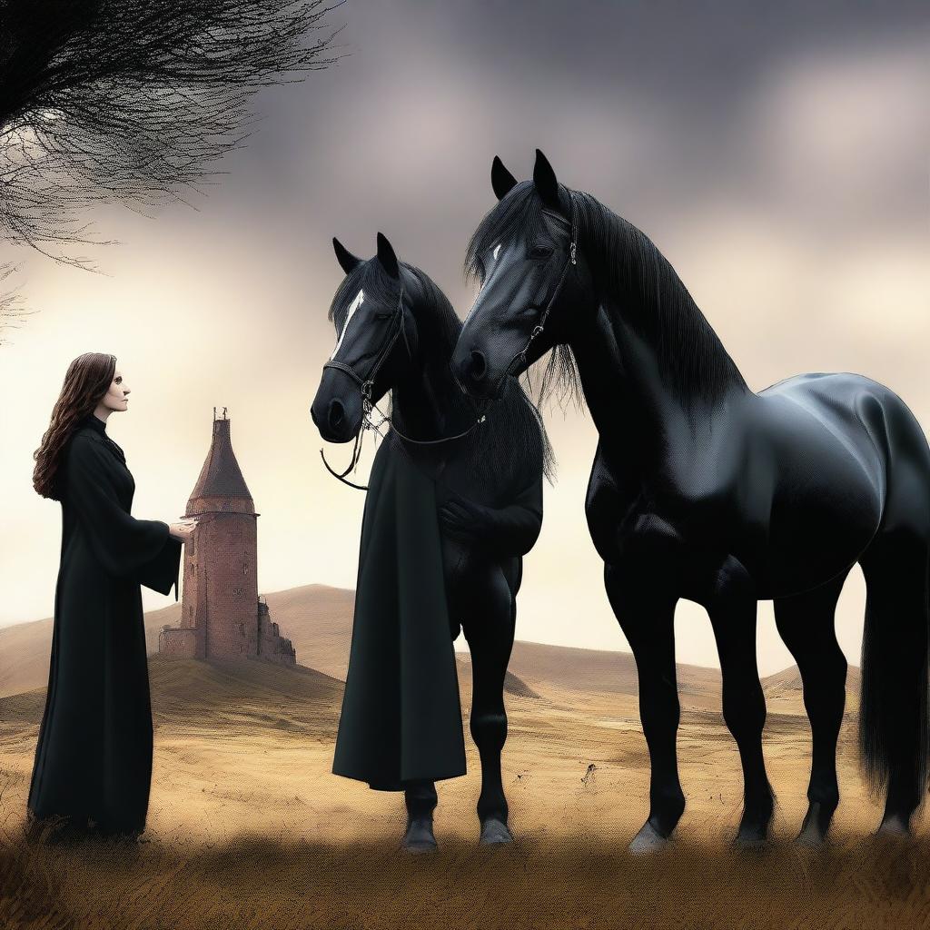 A high-quality digital art featuring Severus Snape and Hermione Granger from the Harry Potter series standing next to a majestic black stallion