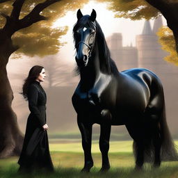 A high-quality digital art featuring Severus Snape and Hermione Granger from the Harry Potter series standing next to a majestic black stallion