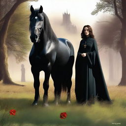 A high-quality digital art featuring Severus Snape and Hermione Granger from the Harry Potter series standing next to a majestic black stallion