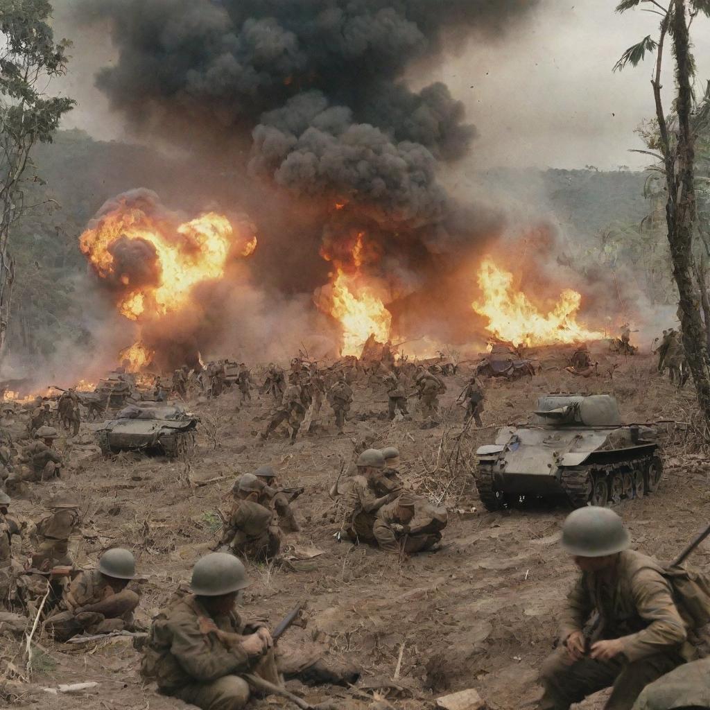 Historical depiction of the Battle of Bataan, showing soldiers in the midst of combat, amidst a WWII-era Philippine jungle setting, with explosions, shells, and military tanks.