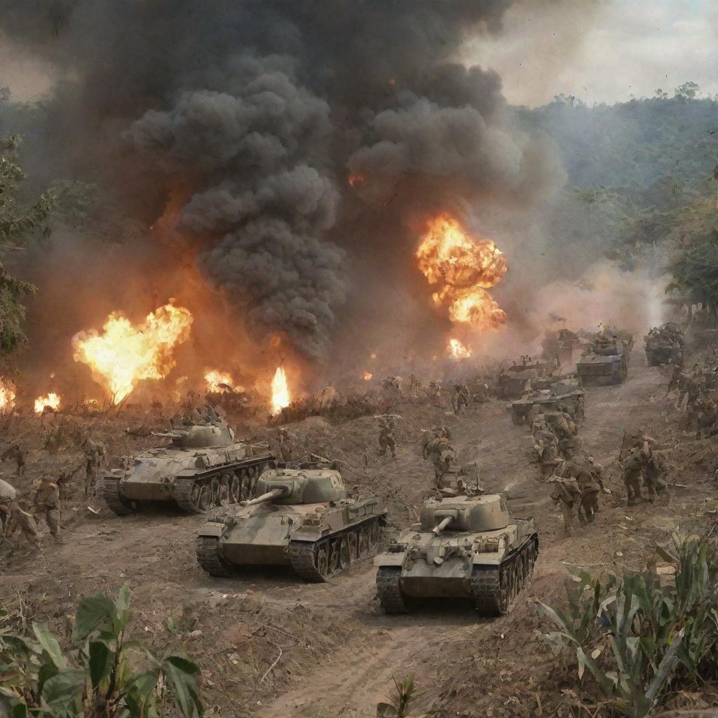 Historical depiction of the Battle of Bataan, showing soldiers in the midst of combat, amidst a WWII-era Philippine jungle setting, with explosions, shells, and military tanks.