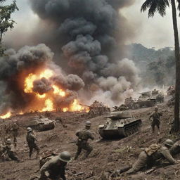 Historical depiction of the Battle of Bataan, showing soldiers in the midst of combat, amidst a WWII-era Philippine jungle setting, with explosions, shells, and military tanks.