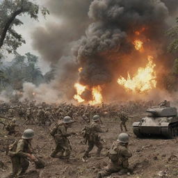 Historical depiction of the Battle of Bataan, showing soldiers in the midst of combat, amidst a WWII-era Philippine jungle setting, with explosions, shells, and military tanks.