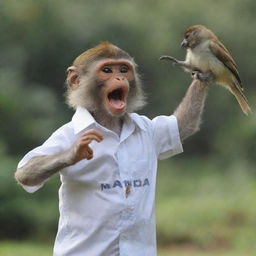 A monkey dressed in a shirt labeled 'NANDA' playfully interacting with a bird