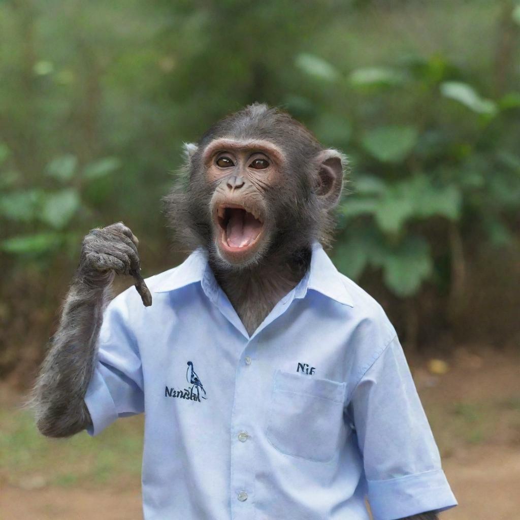 A monkey dressed in a shirt labeled 'NANDA' playfully interacting with a bird