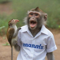 A monkey dressed in a shirt labeled 'NANDA' playfully interacting with a bird