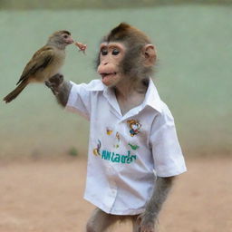 A monkey dressed in a shirt labeled 'NANDA' playfully interacting with a bird