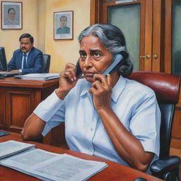 A vivid caricature scene capturing a Sri Lankan government official engrossed in a phone conversation within his office. In contrast, an exaggeratedly portrayed elder woman waits with anticipation, seated outside the detailed, culturally specific government building.